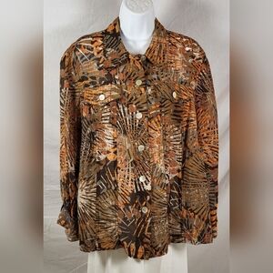 RUBY RD. Rust and Brown Safari Print Button Up Shirt Jacket - Size 18W or 1X
